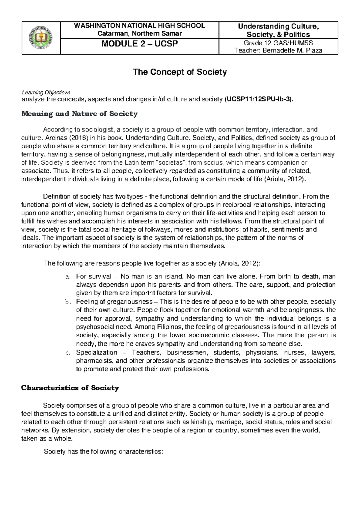 UCSP Grade 12 Module 2: Understanding Society and Culture Summary - Studocu