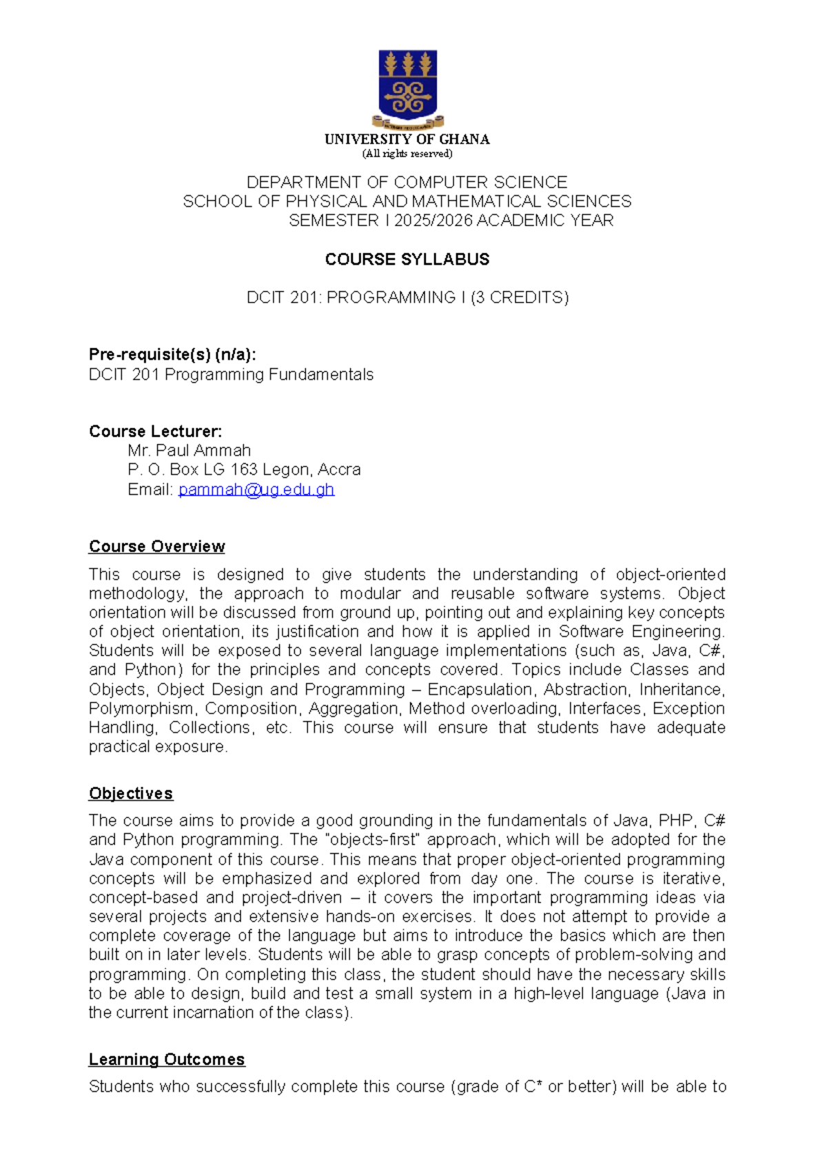 DCIT 201 Programming I Syllabus - Semester I Overview - Studocu