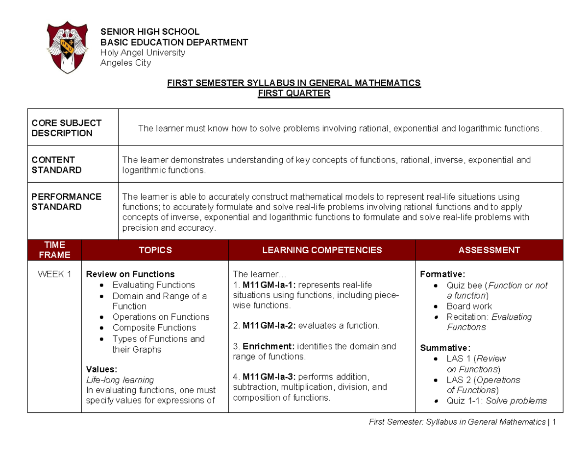 First Semester Grade 11 General Mathematics Syllabus (M11GM) - Studocu