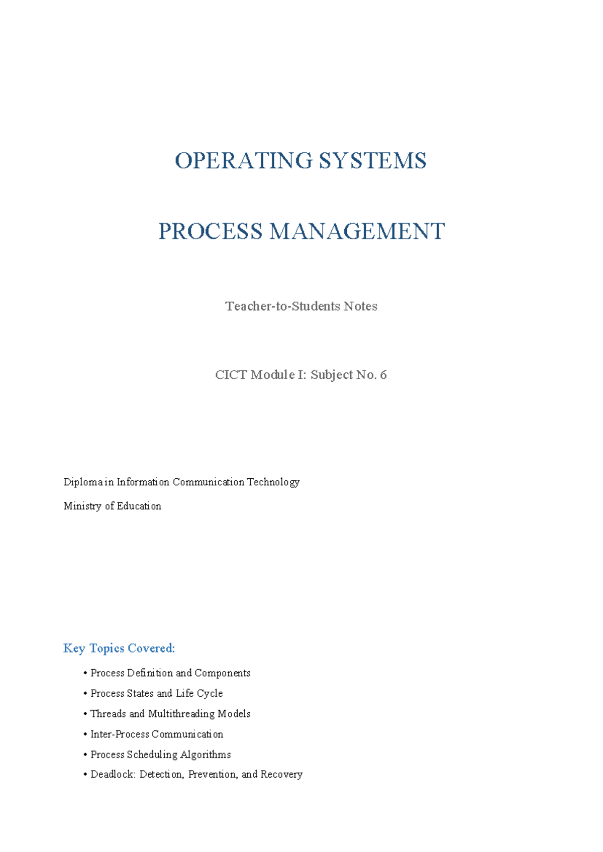 Process Management Notes CICT Module I: Key Concepts and Techniques ...
