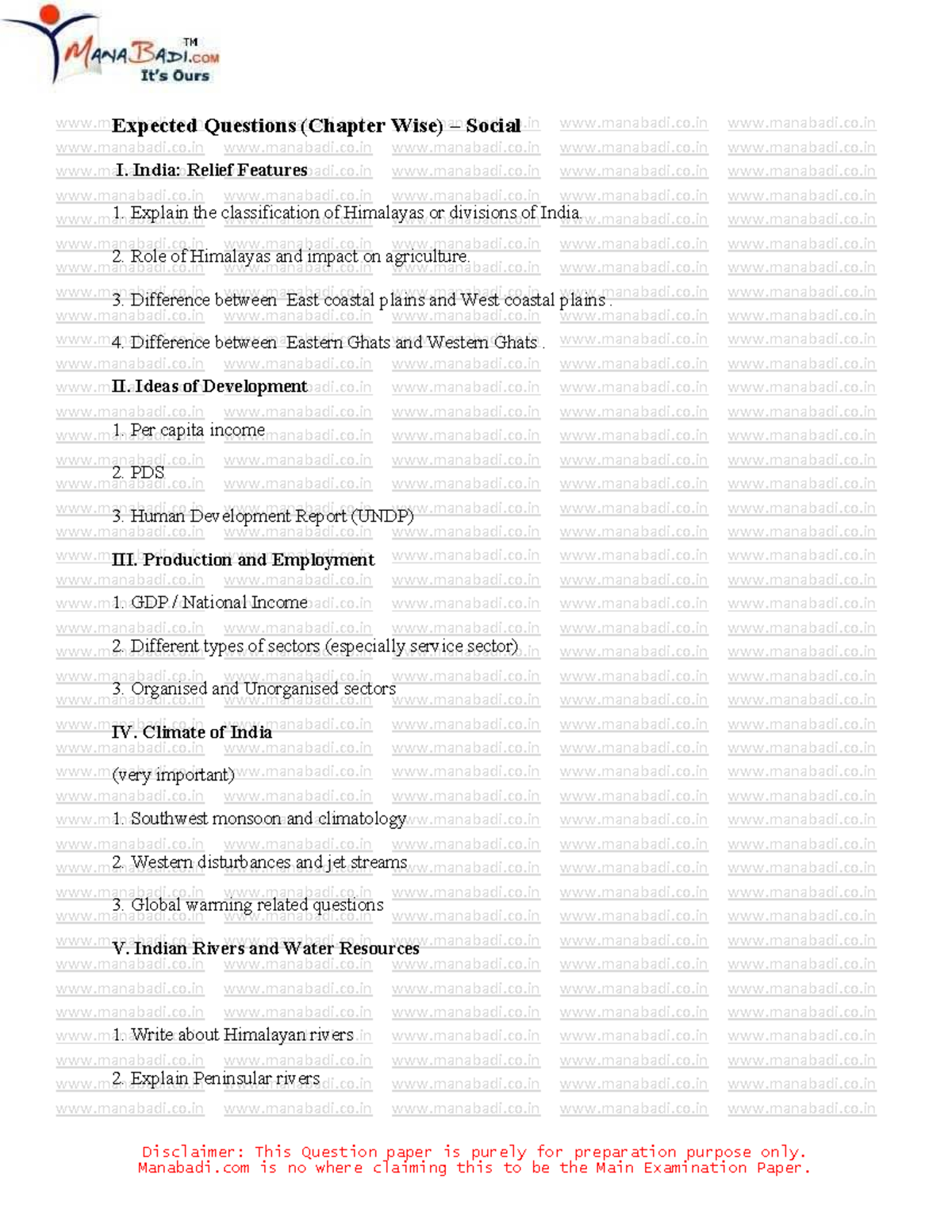 TG 10th Class Social Studies Important Questions (Chapter Wise) - Studocu