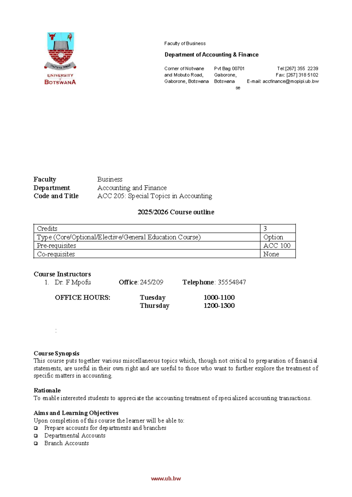 ACC 205: Special Topics in Accounting Course Outline 2026 - Studocu
