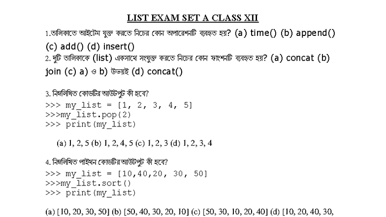 LIST EXAM SET A CLASS XII - Python List Functions & Operations - Studocu