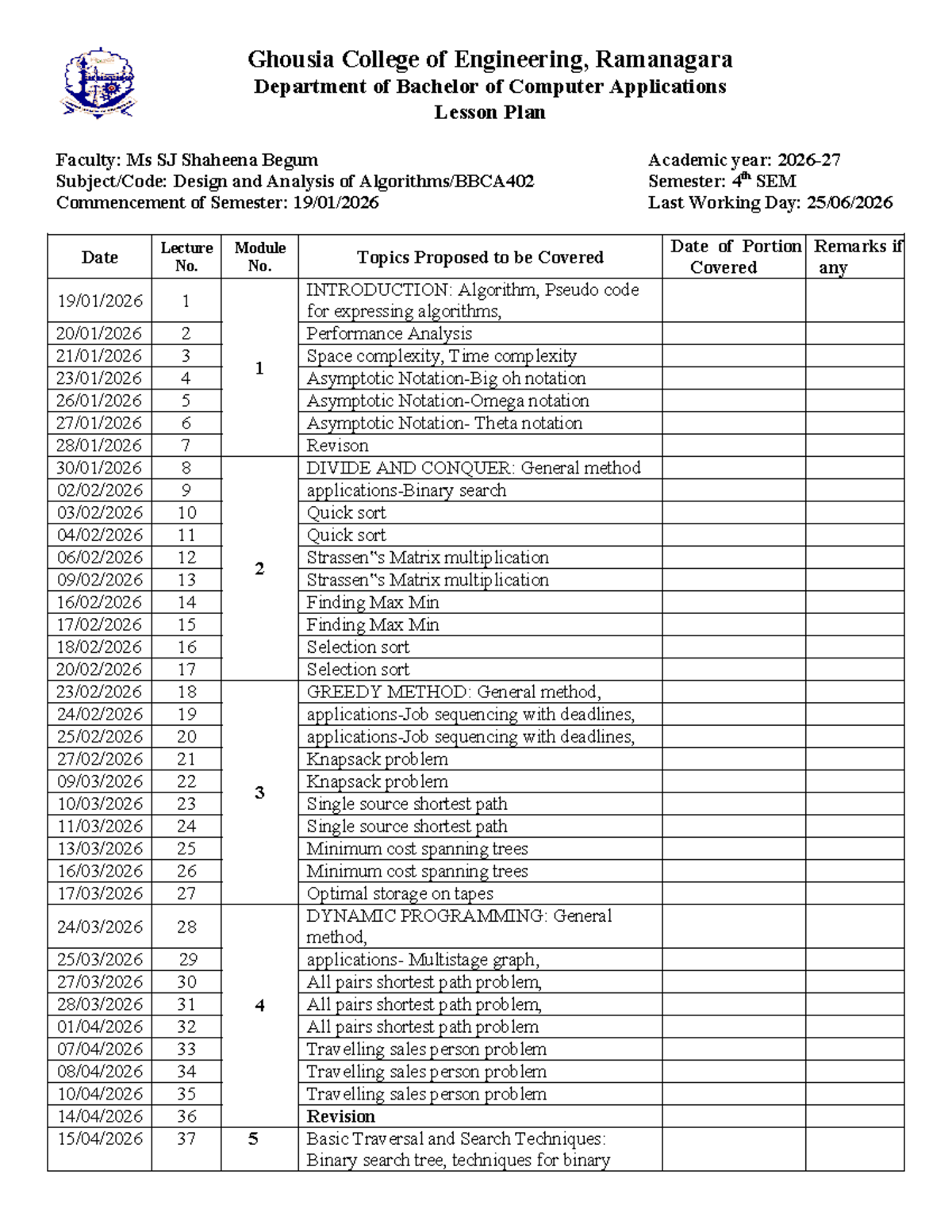 BCA 4th SEM Lesson Plan: Design & Analysis of Algorithms - Studocu