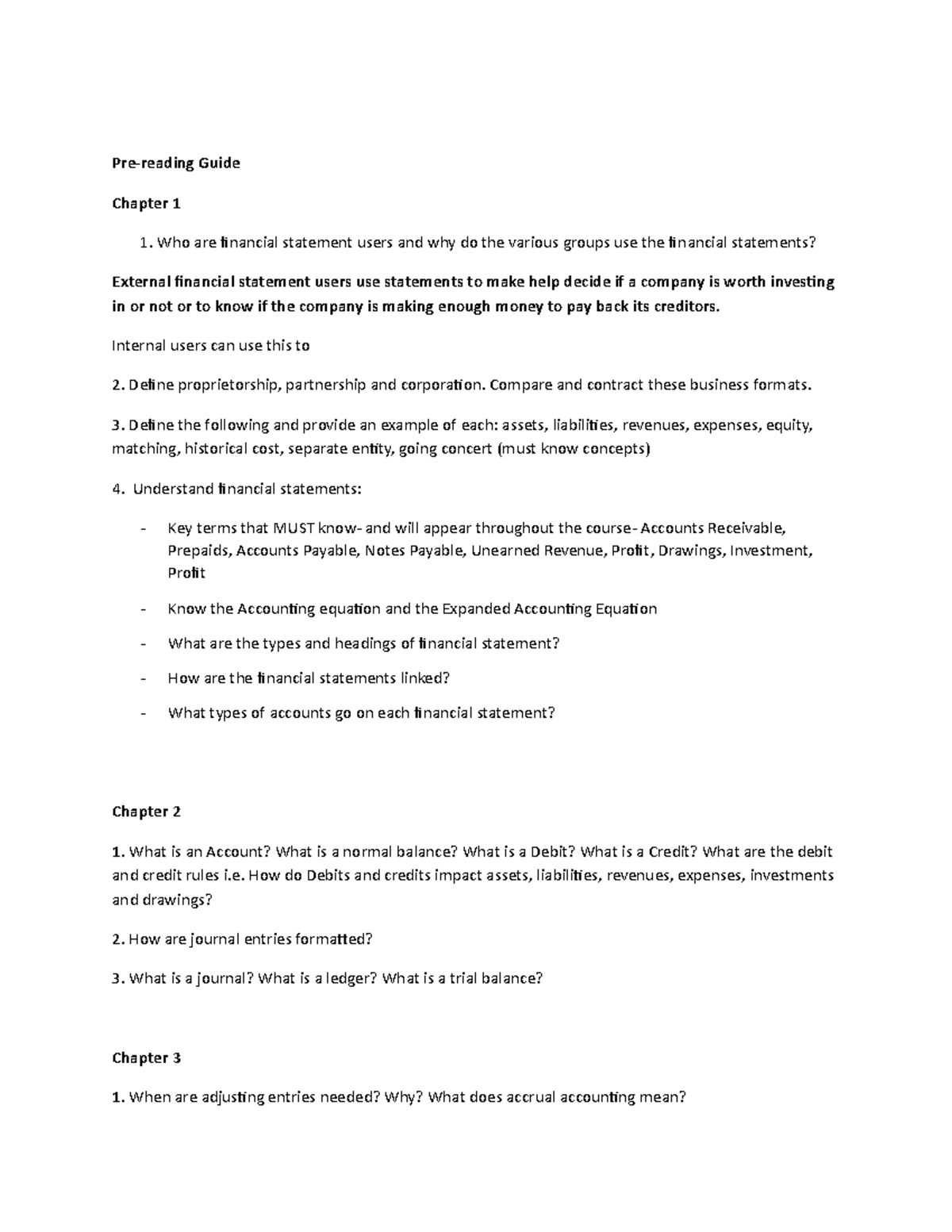 Study Guide midterm 1 - Pre-reading Guide Chapter 1 Who are financial ...