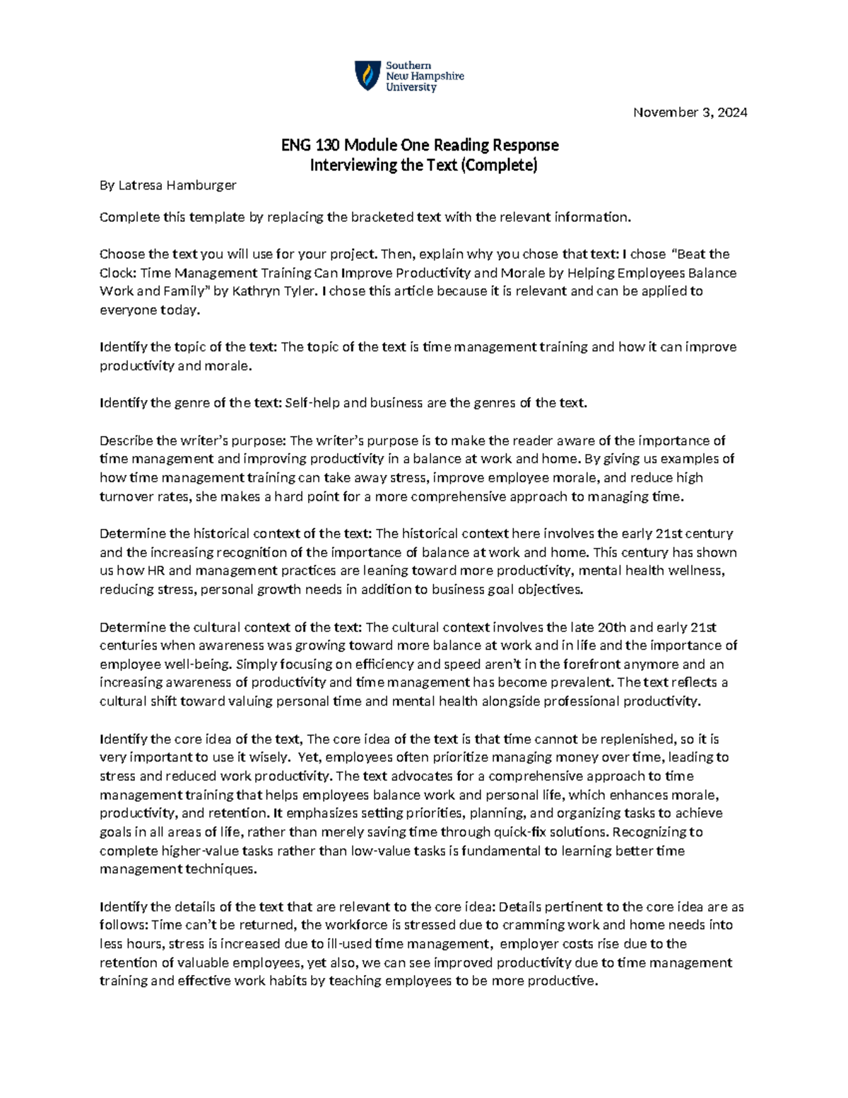 ENG 130 Module One Reading Response (Complete) 2 - November 3, 2024 ENG ...