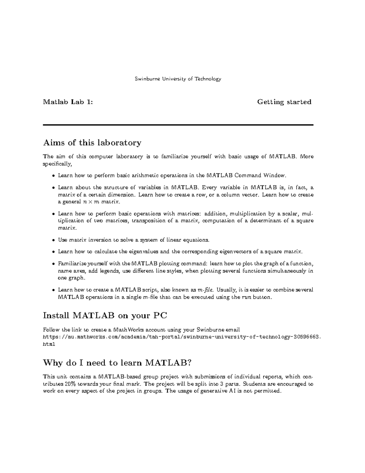 Swinburne University MATLAB Lab 1: Getting Started Guide - Studocu