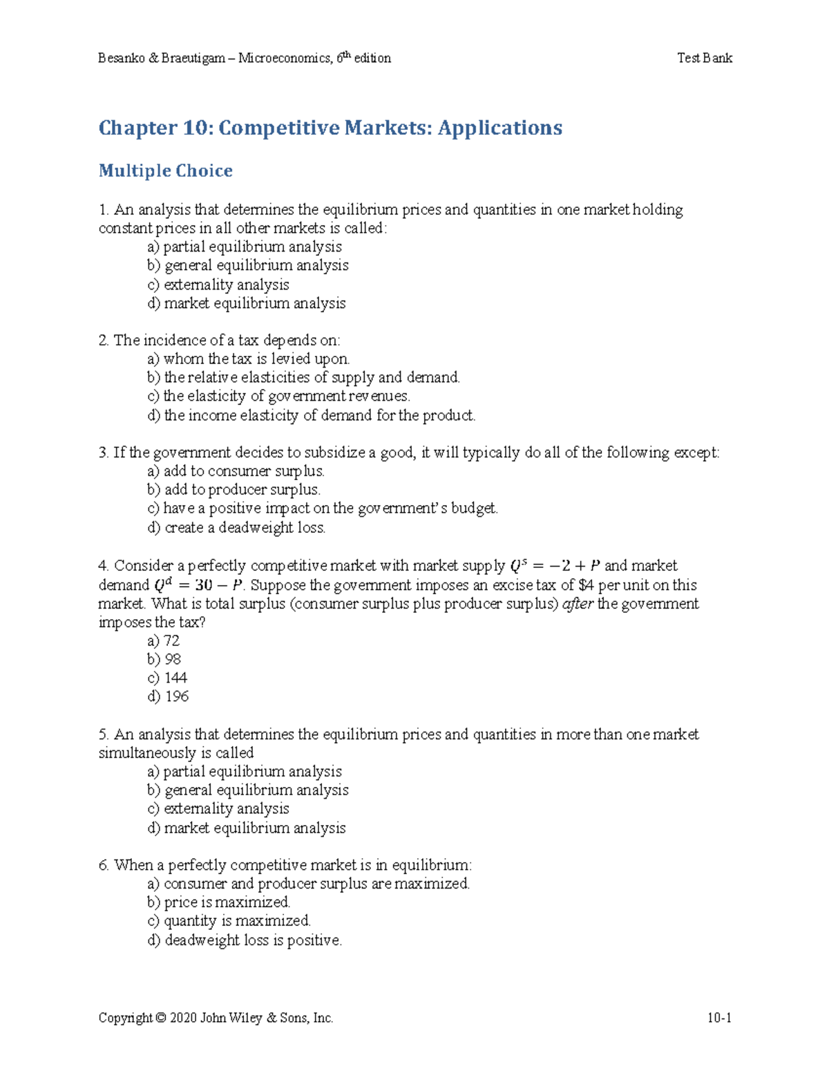 Ec2150 Ch 10 Practice - Chapter 10: Competitive Markets: Applications ...