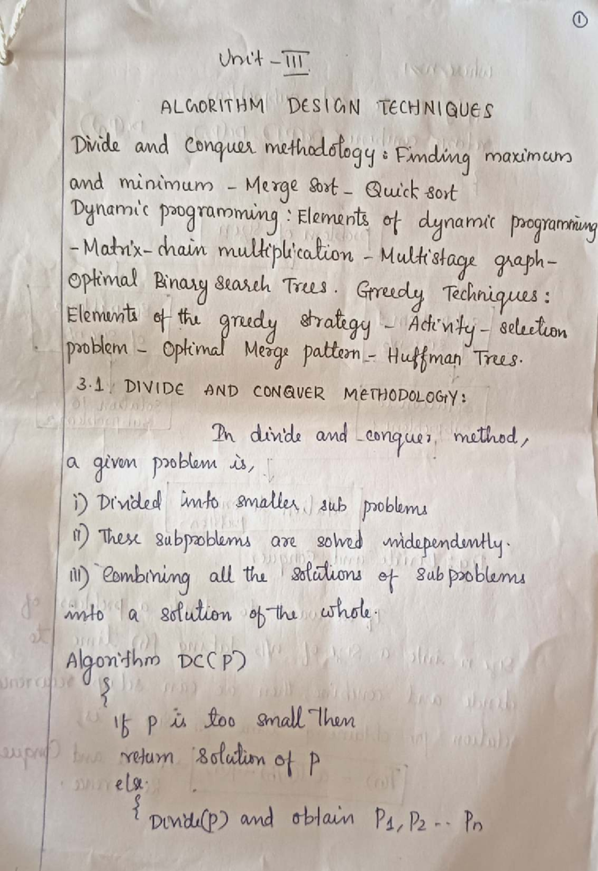 Unit 3: Algorithm Design Techniques - Divide and Conquer, Greedy ...