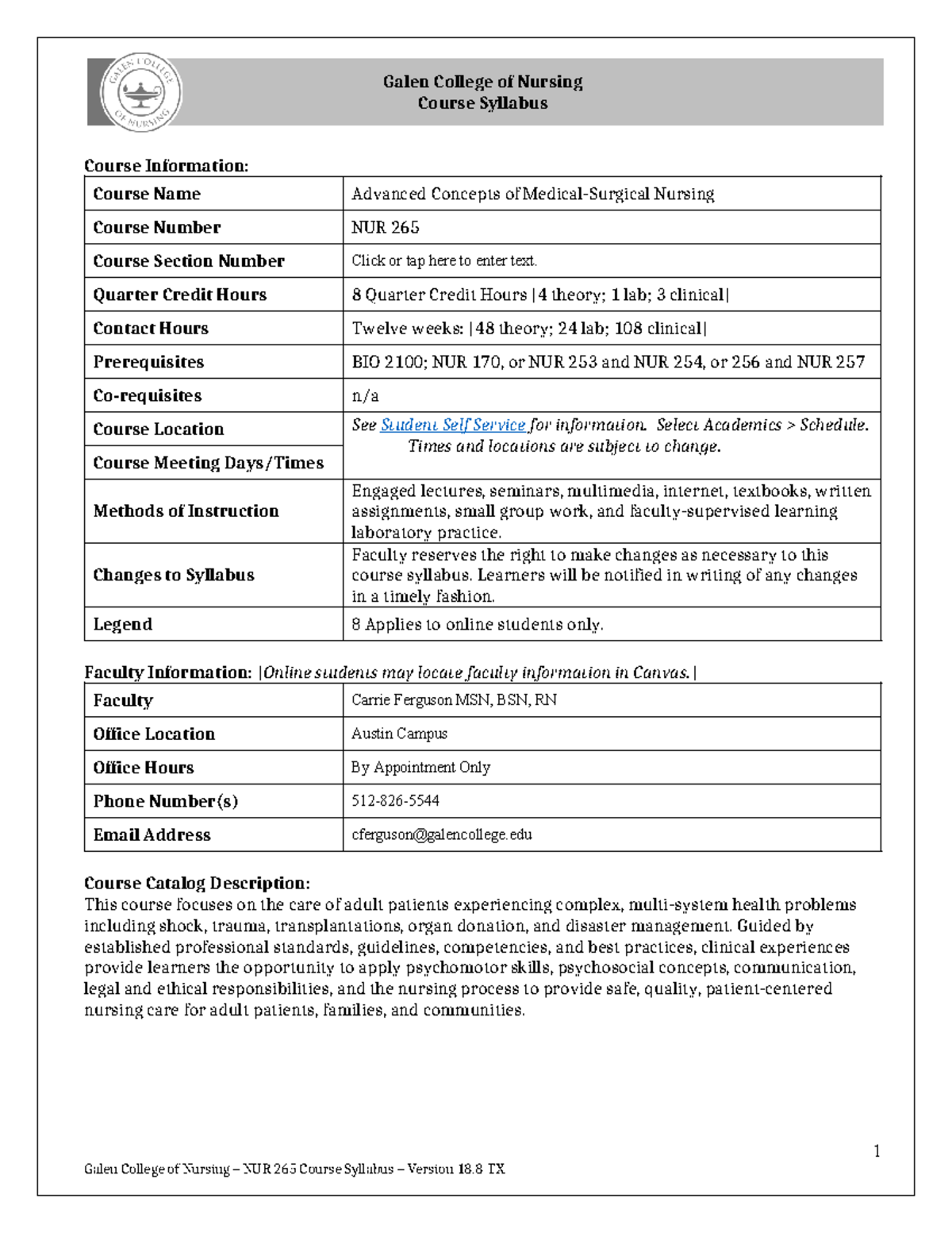 NUR 265 Syllabus - Advanced Concepts in Medical-Surgical Nursing Fall ...