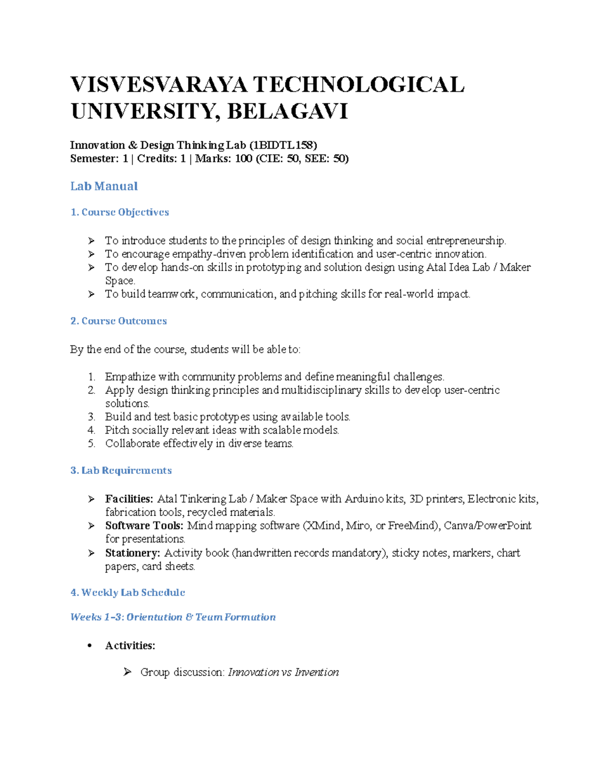IDT Lab Manual (1BIDTL158): Design Thinking & Innovation Guide - Studocu