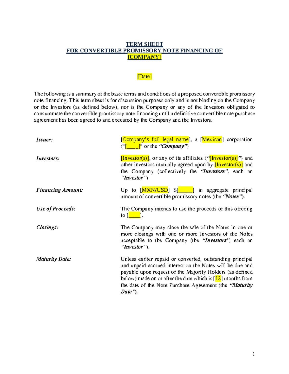 Convertible Promissory Note Financing Term Sheet Summary - Studocu