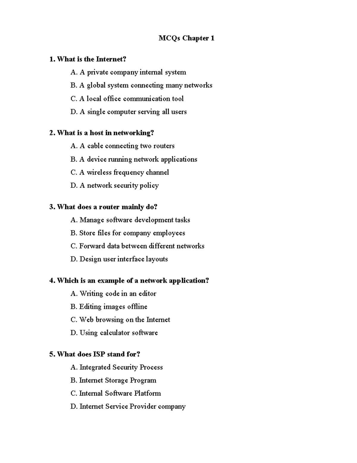 TN C1 - MCQs on Internet and Networking Concepts - Studocu