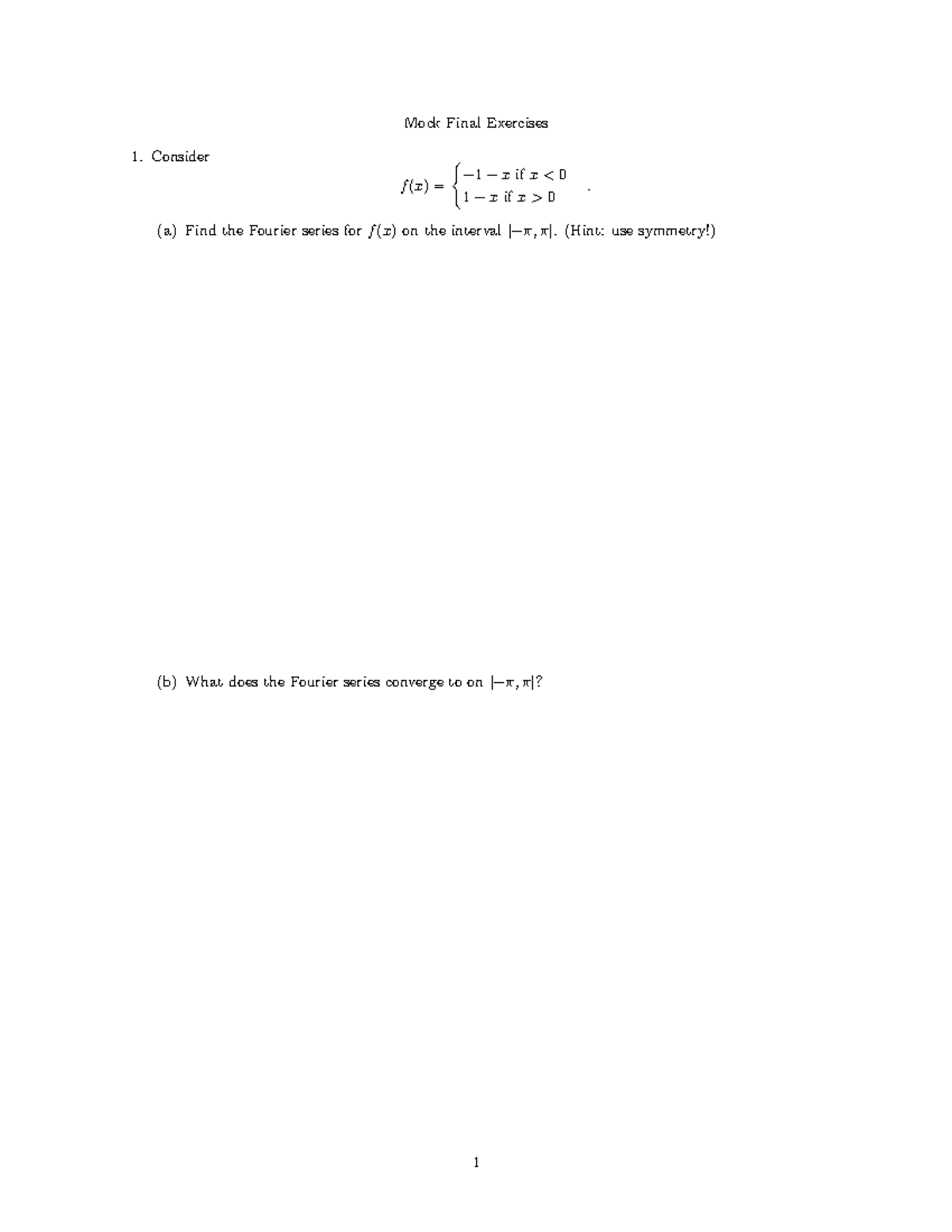 Mock Final Exam Exercises for Spring 2025: Fourier Series & ODEs - Studocu