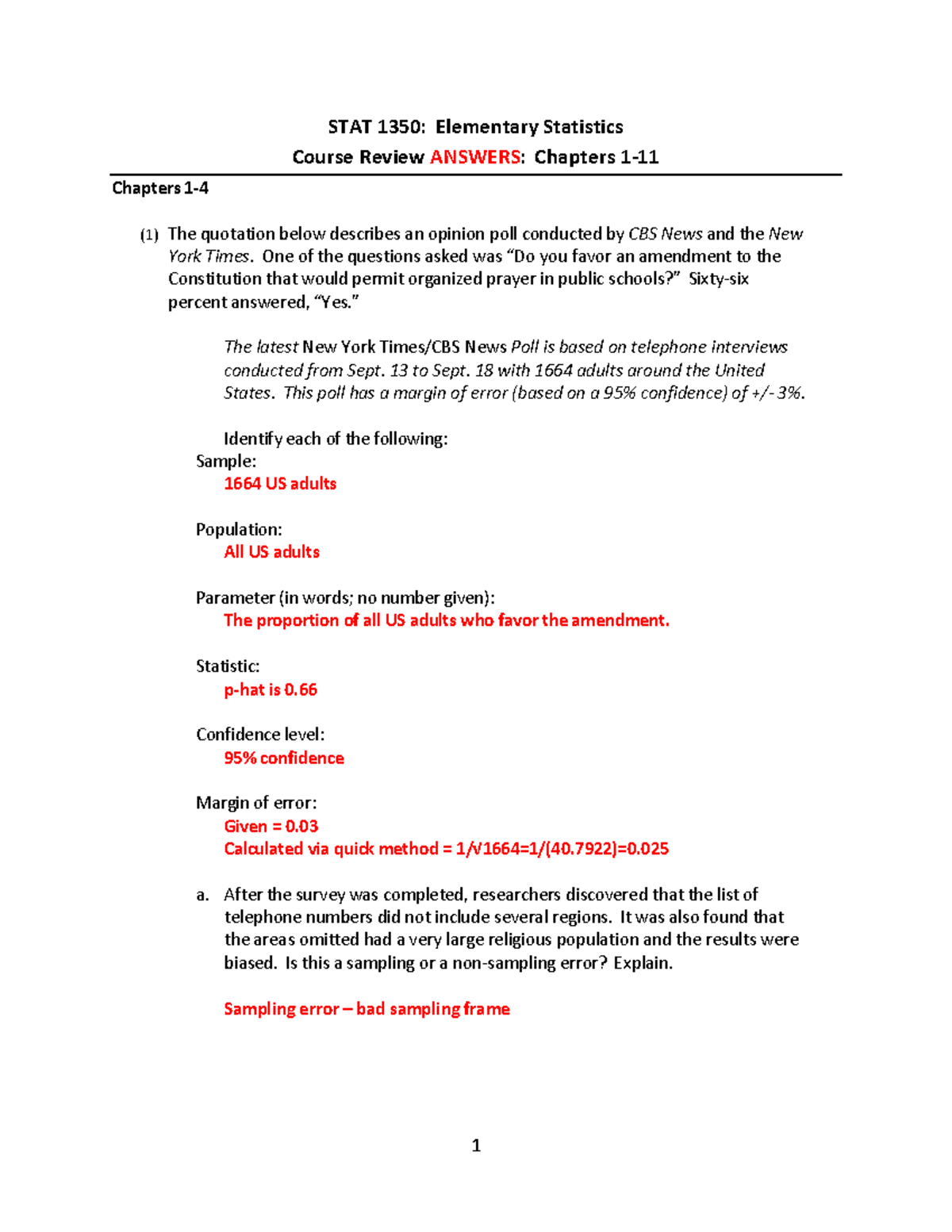 STAT 1350: Exam Review on Statistical Analysis of Polls and Studies ...