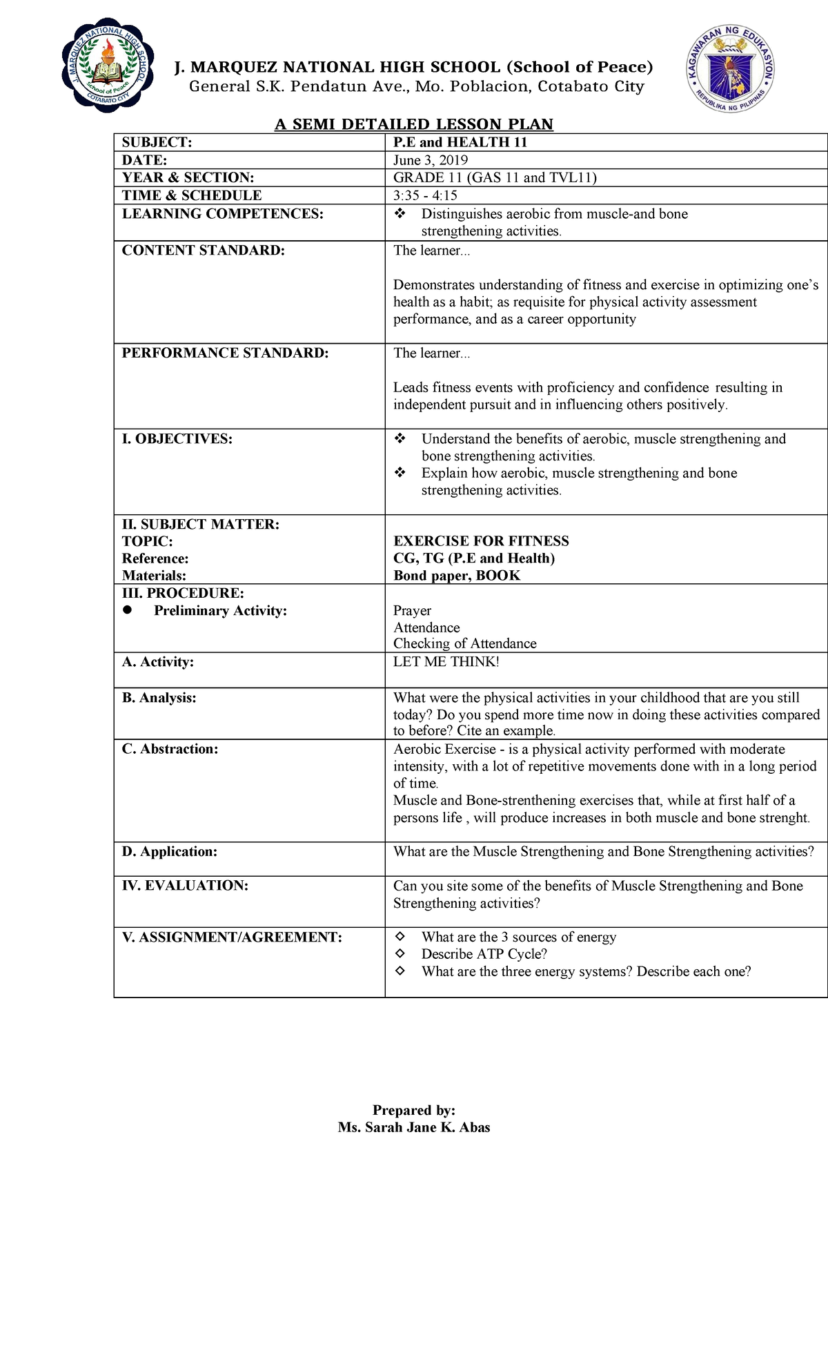 Lesson Plan: P and Health 11 - Fitness and Exercise Activities - Studocu