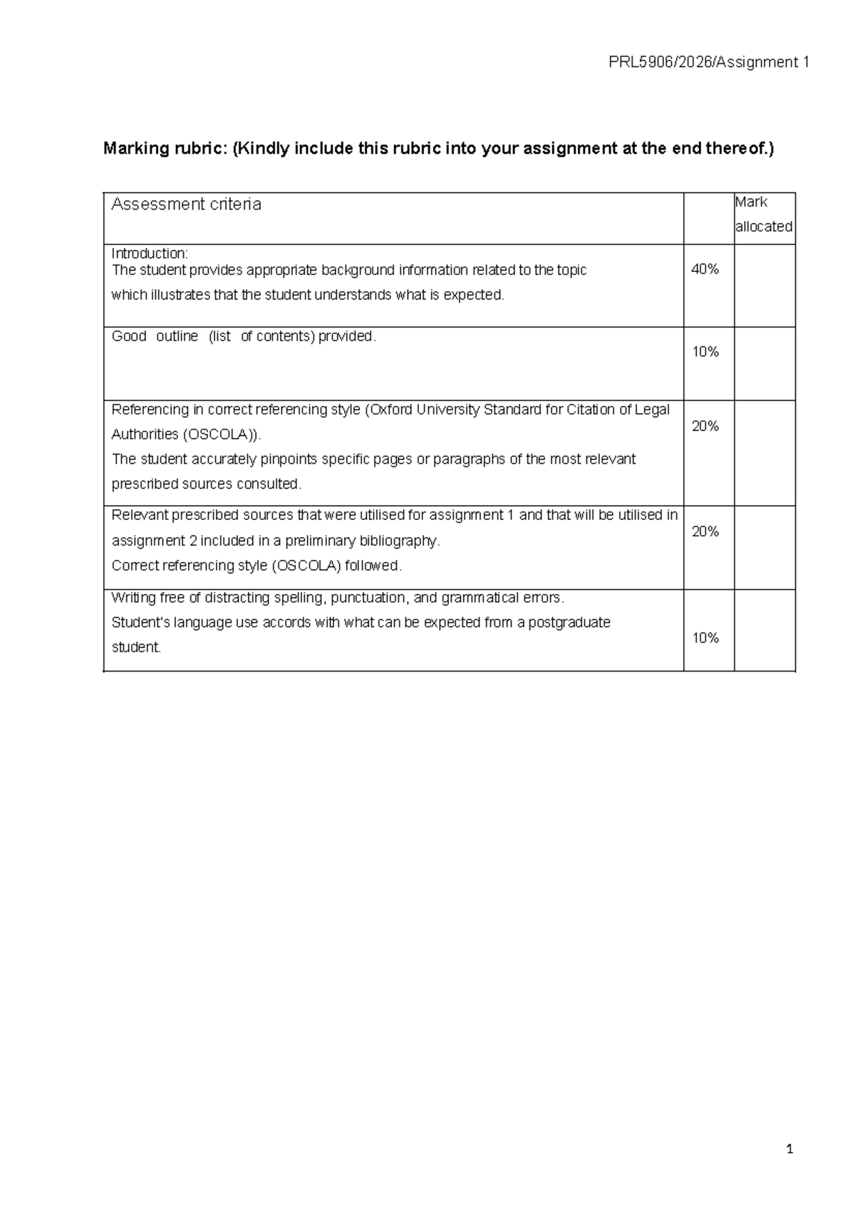 PRL5906 Assignment 1 Marking Rubric and Guidelines - Studocu