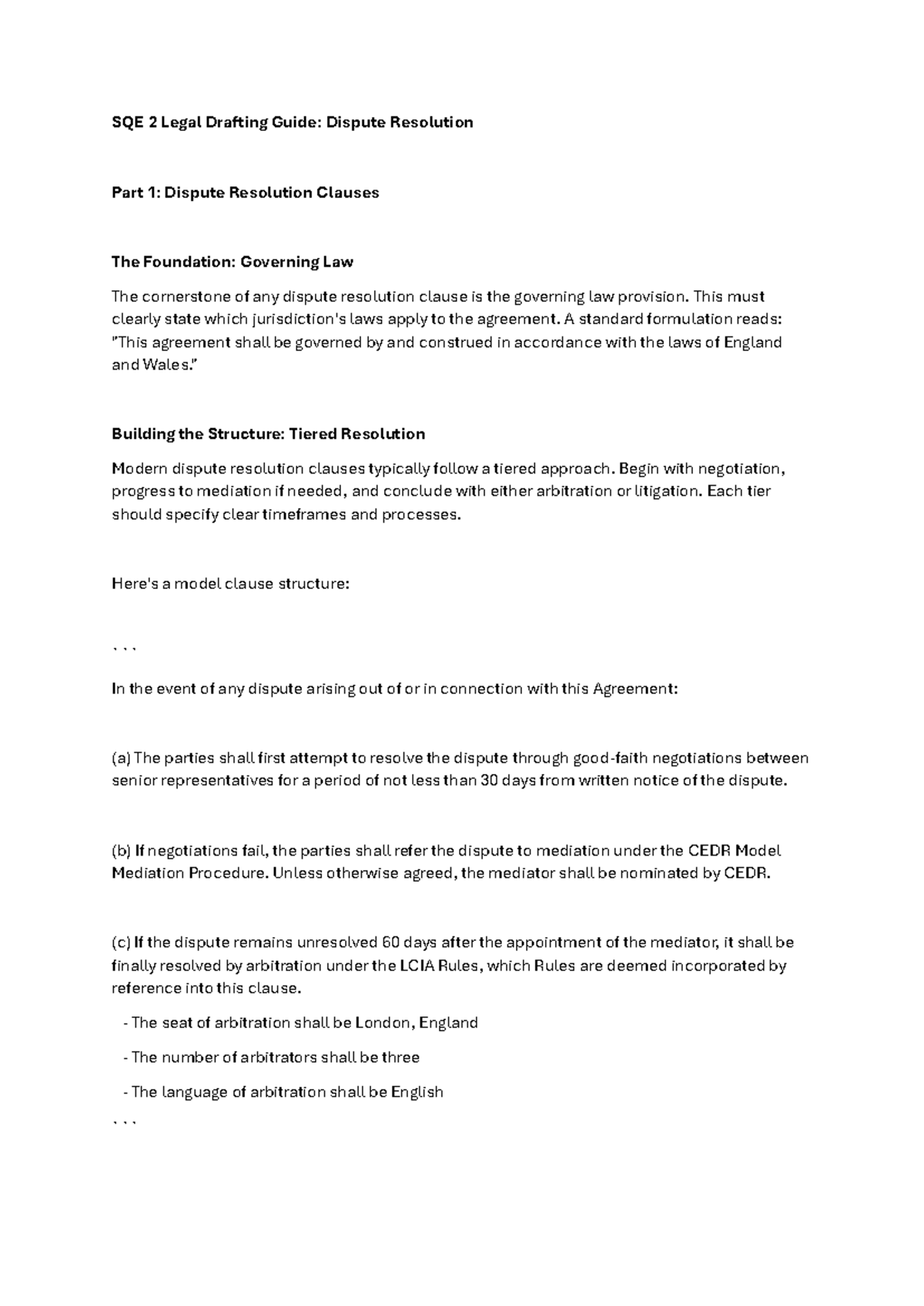 SQE 2 Legal Drafting Guide: Dispute Resolution Clauses Overview - Studocu