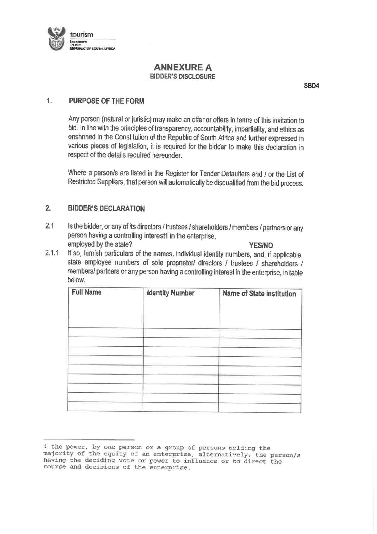 SBD4 Disclosure Form for Bidding - Tourism Department, South Africa ...