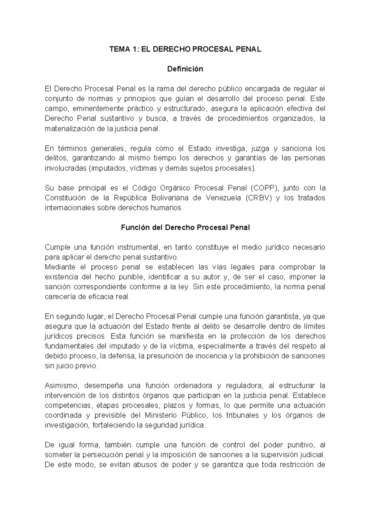 TEMA 1 Y 2: DERECHO PROCESAL PENAL - Definiciones y Funciones - Studocu