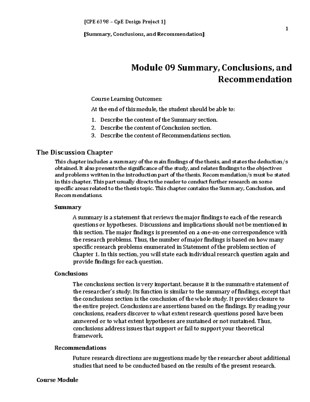 6398 CpE Design Project: Module 09 Summary, Conclusions ...