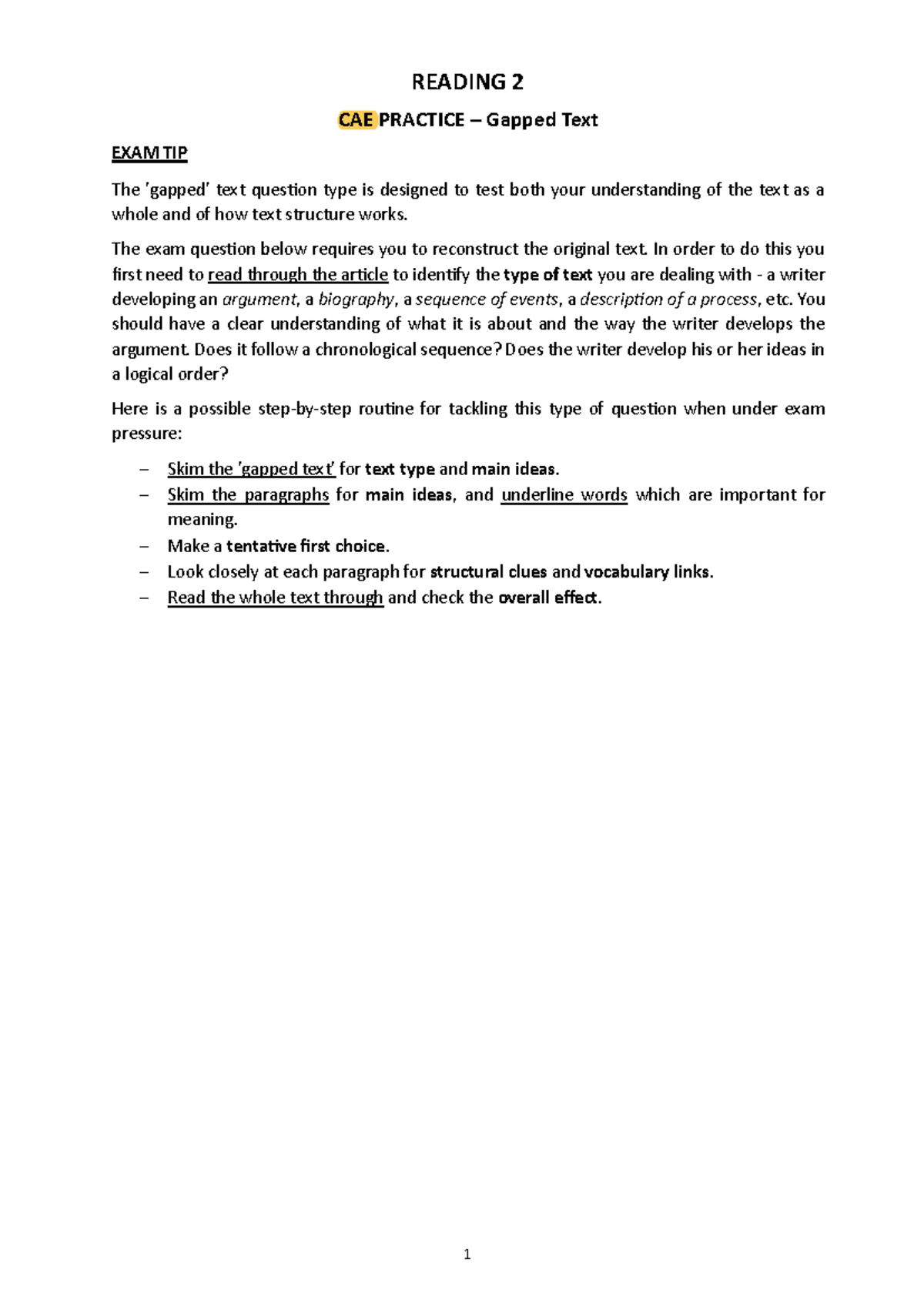 CAE Reading 2 Practice: Gapped Text Exam Tips & Strategies - Studocu