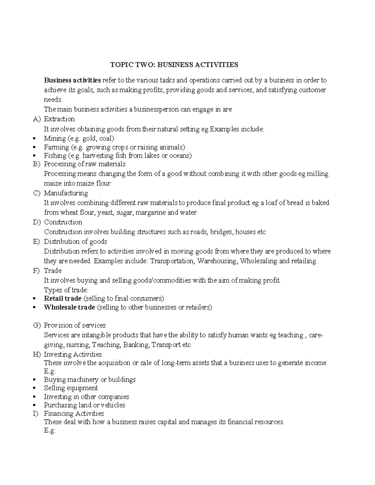 BUS 101: Final Exam Notes on Business Activities and Their Importance ...