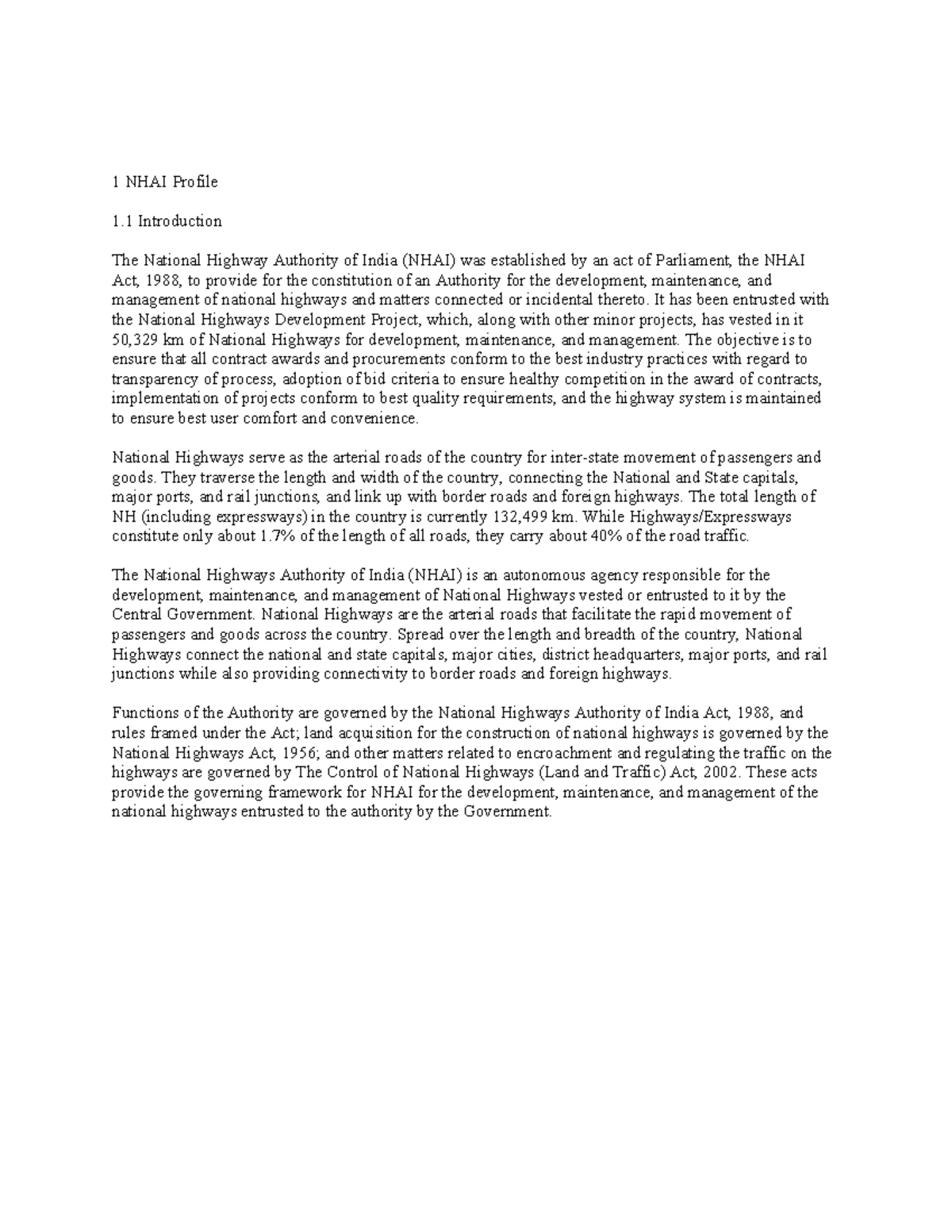 NHAI report - 1 NHAI Profile 1 Introduction The National Highway ...
