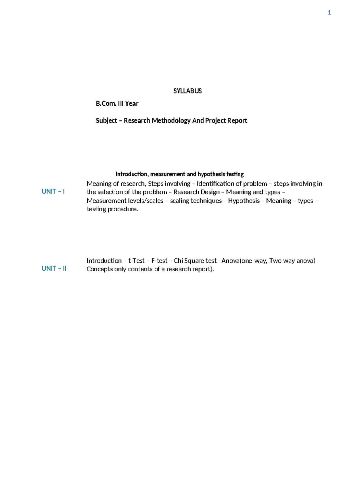 B.Com Research Methodology Syllabus & Project Report Notes - Studocu