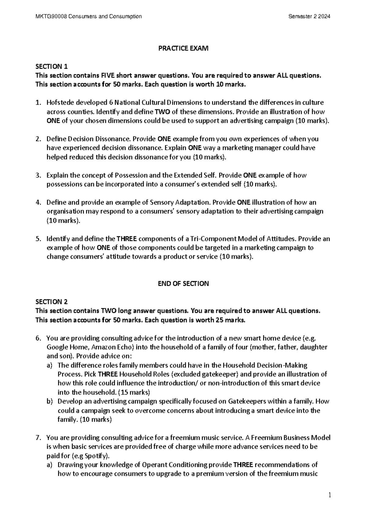 MKTG90008 2024 - Practice Exam Questions and Consumer Insights - Studocu