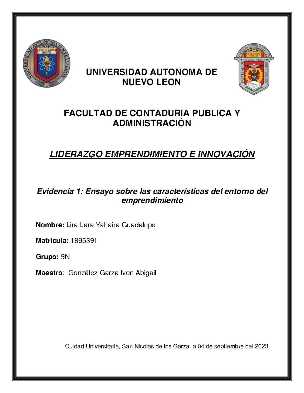 E1 Lira Lara - EVIDENCIA 1 - UNIVERSIDAD AUTONOMA DE NUEVO LEON ...