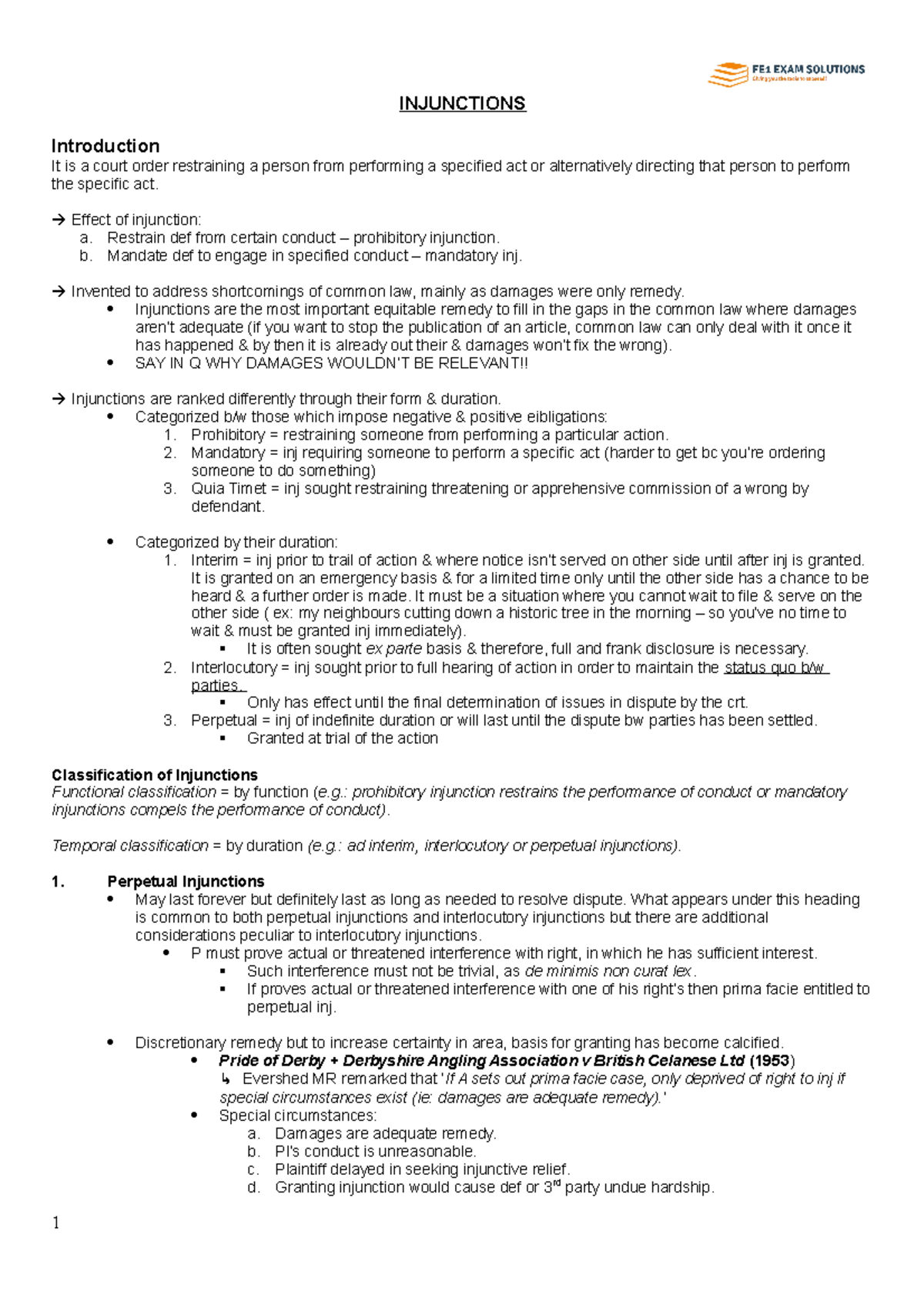 FE1: Comprehensive Notes on Injunctions as Equitable Remedies - Studocu