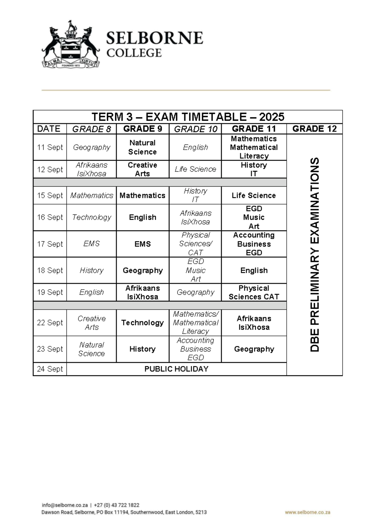 TERM 3 EXAM TIMETABLE 2025: GRADE 8-12 SUBJECTS - Studocu