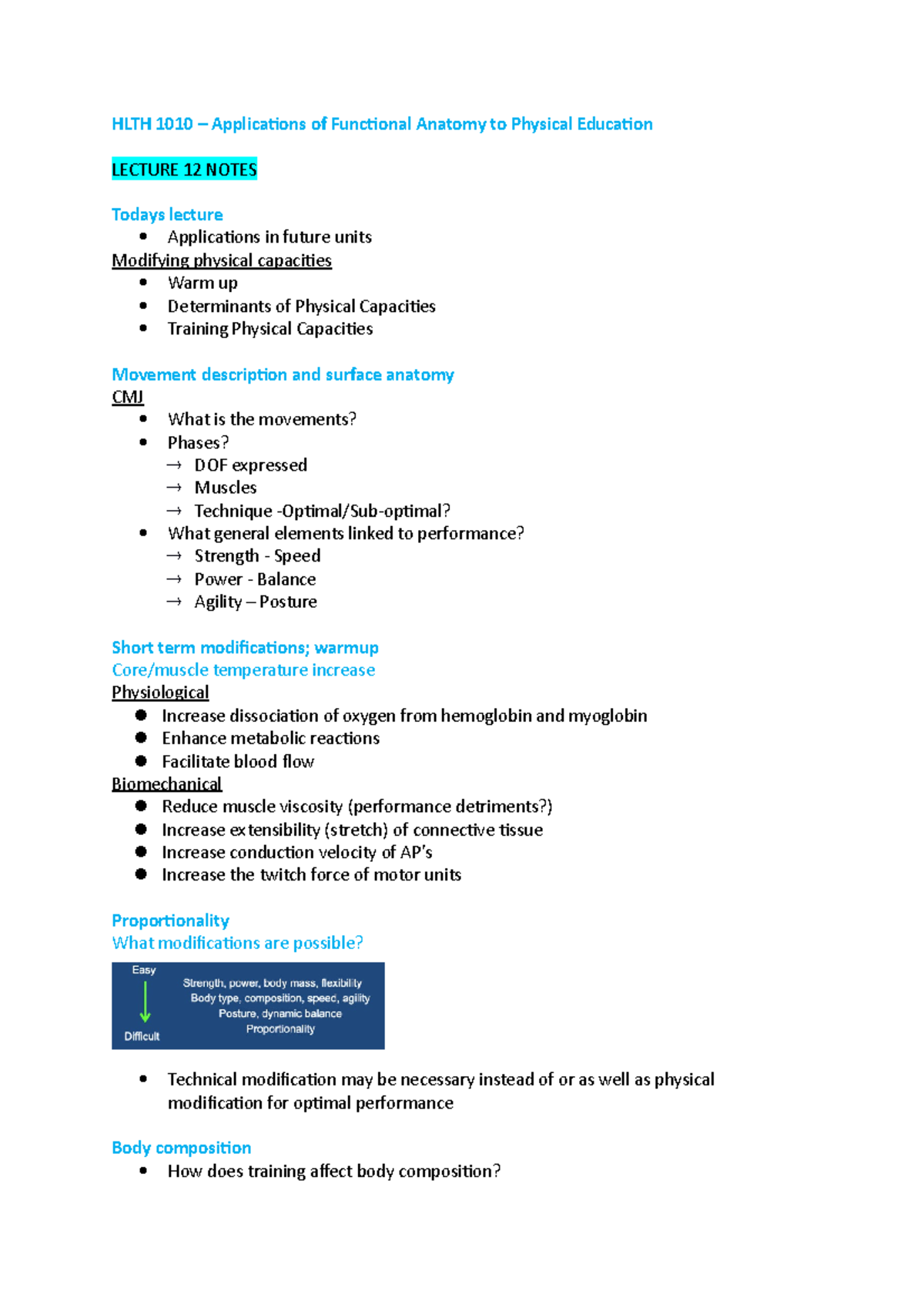 Lecture 12 Notes - HLTH 1010 – Applications of Functional Anatomy to ...