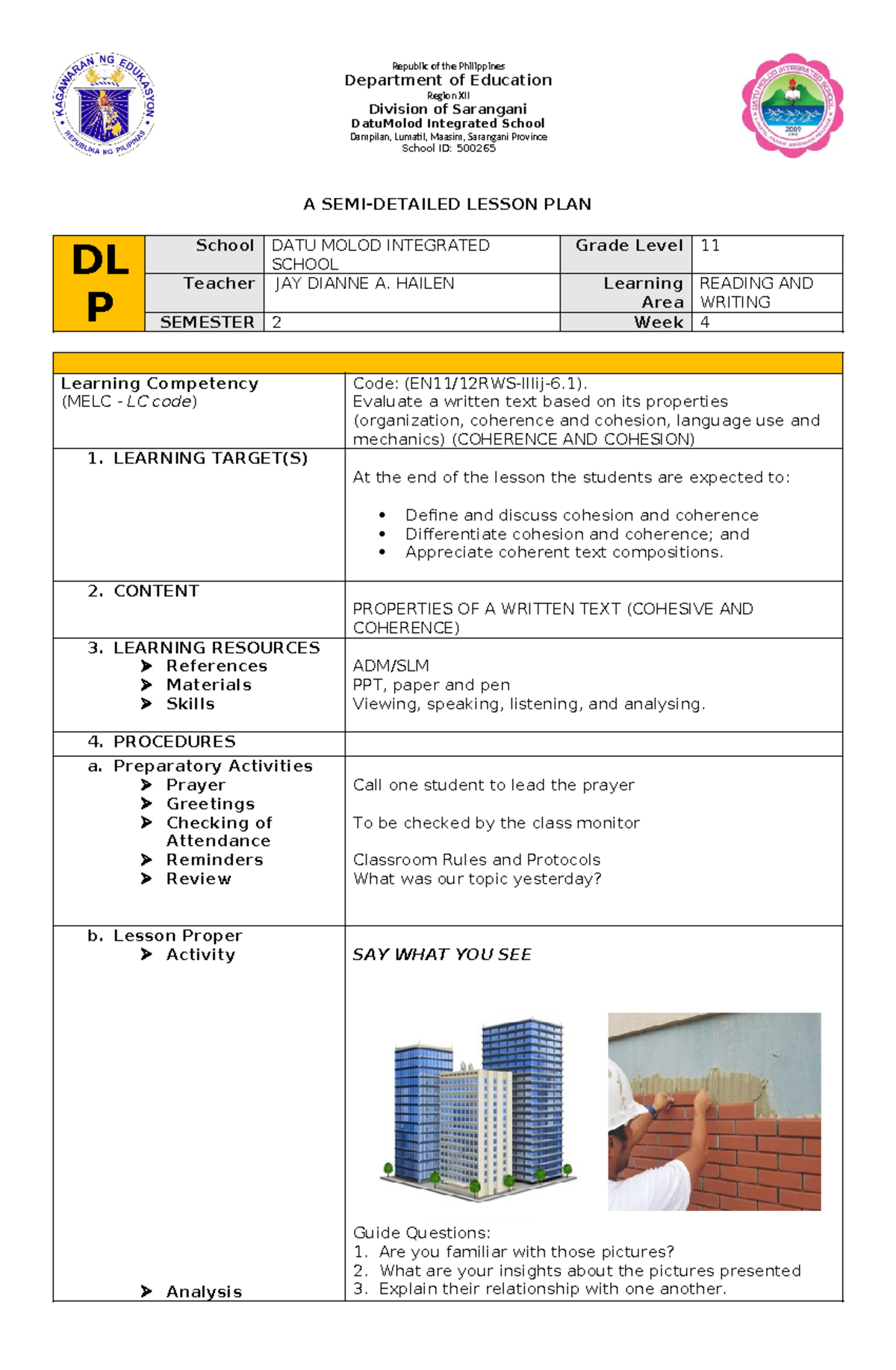 Lesson Plan on Cohesion & Coherence (EN11/12RWS-IIIij-6.1) - Studocu
