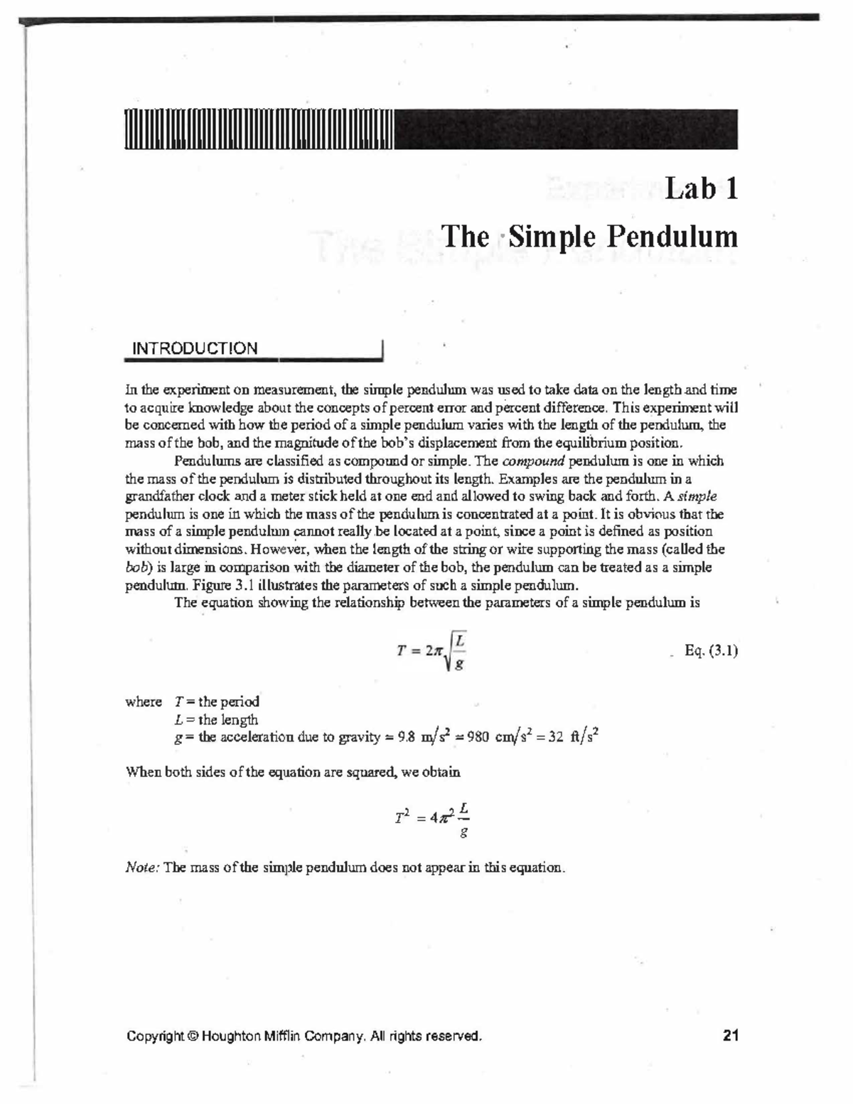 Lab 1: Simple Pendulum Experiment - Guide & Solutions - Studocu