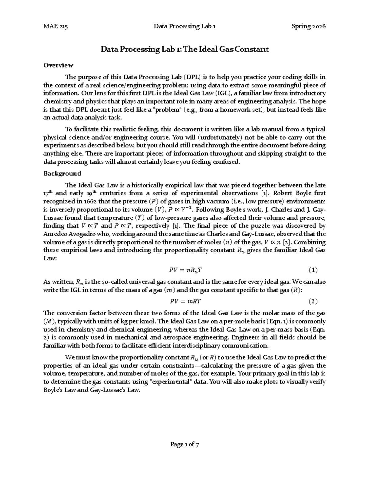 MAE 215 Data Processing Lab 1: Ideal Gas Law Analysis Manual - Studocu