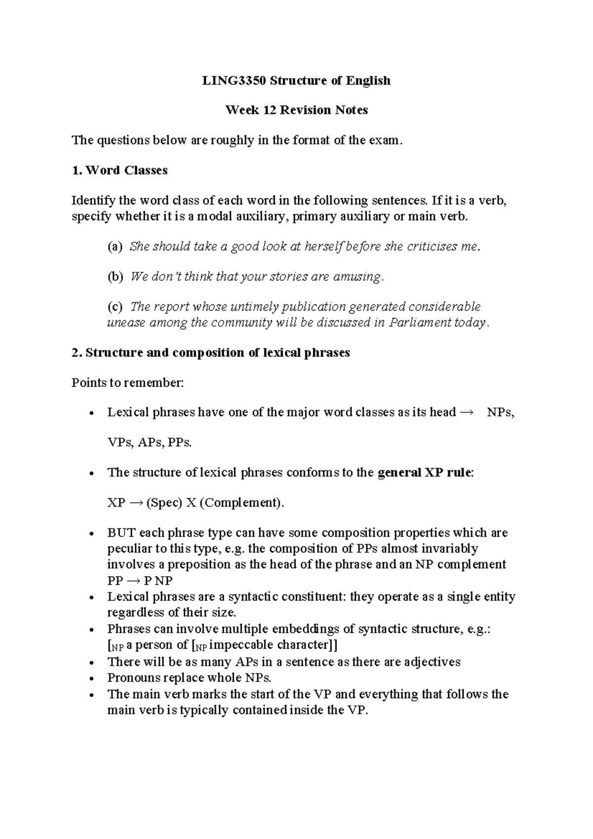 LING3350 Structure of English Week 12 Exam Revision Notes - Studocu