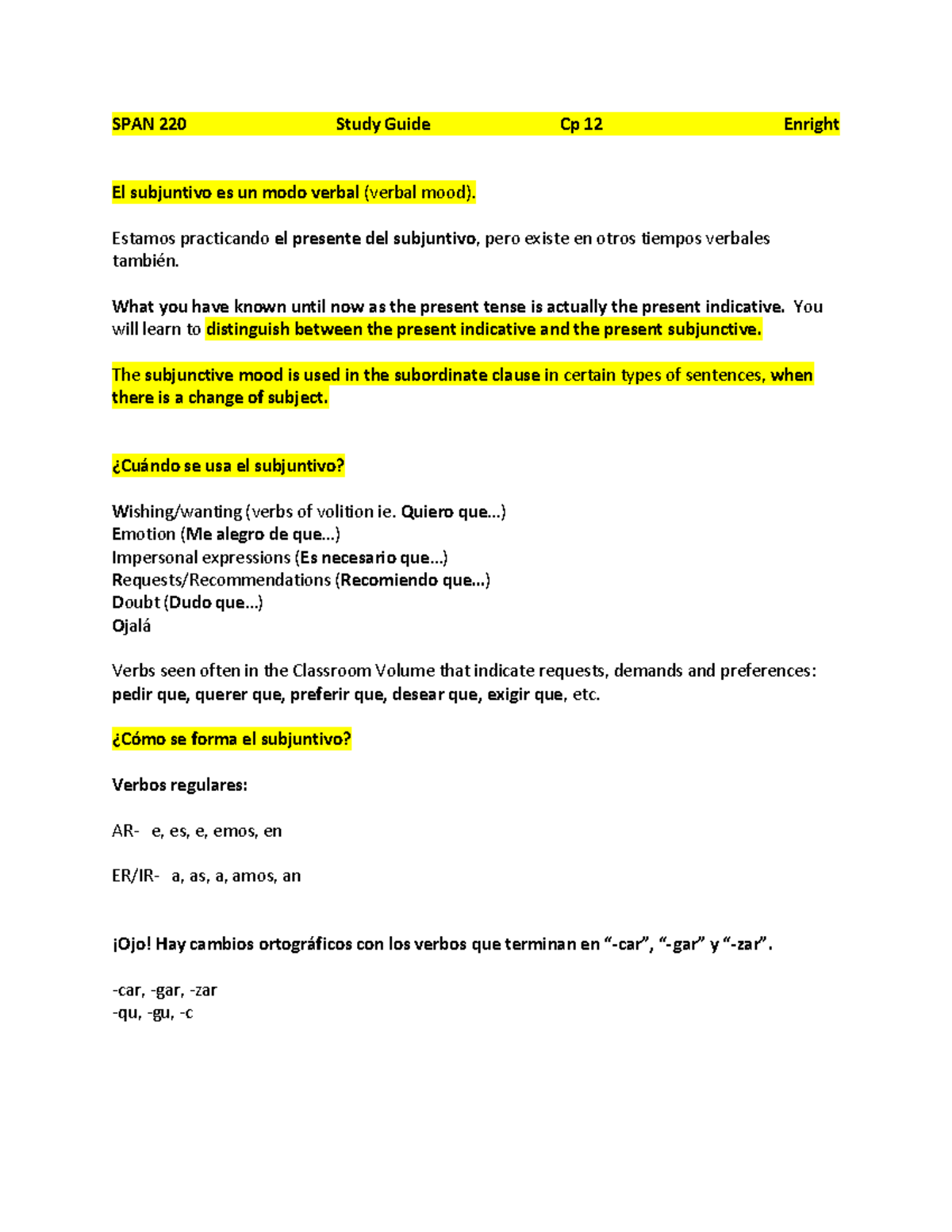 SPAN 220 - Chapter 12 Study Guide: El Subjuntivo Explained - Studocu