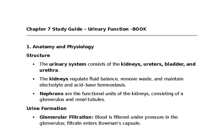 Chapter 7 Study Guide: Urinary Function & Disorders - Studocu