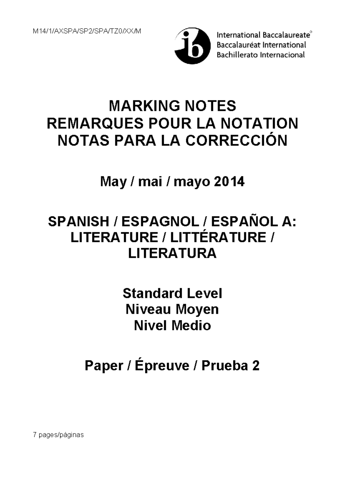 Spanish A: Literature SL Paper 2 Marking Notes (May 2014) - Studocu