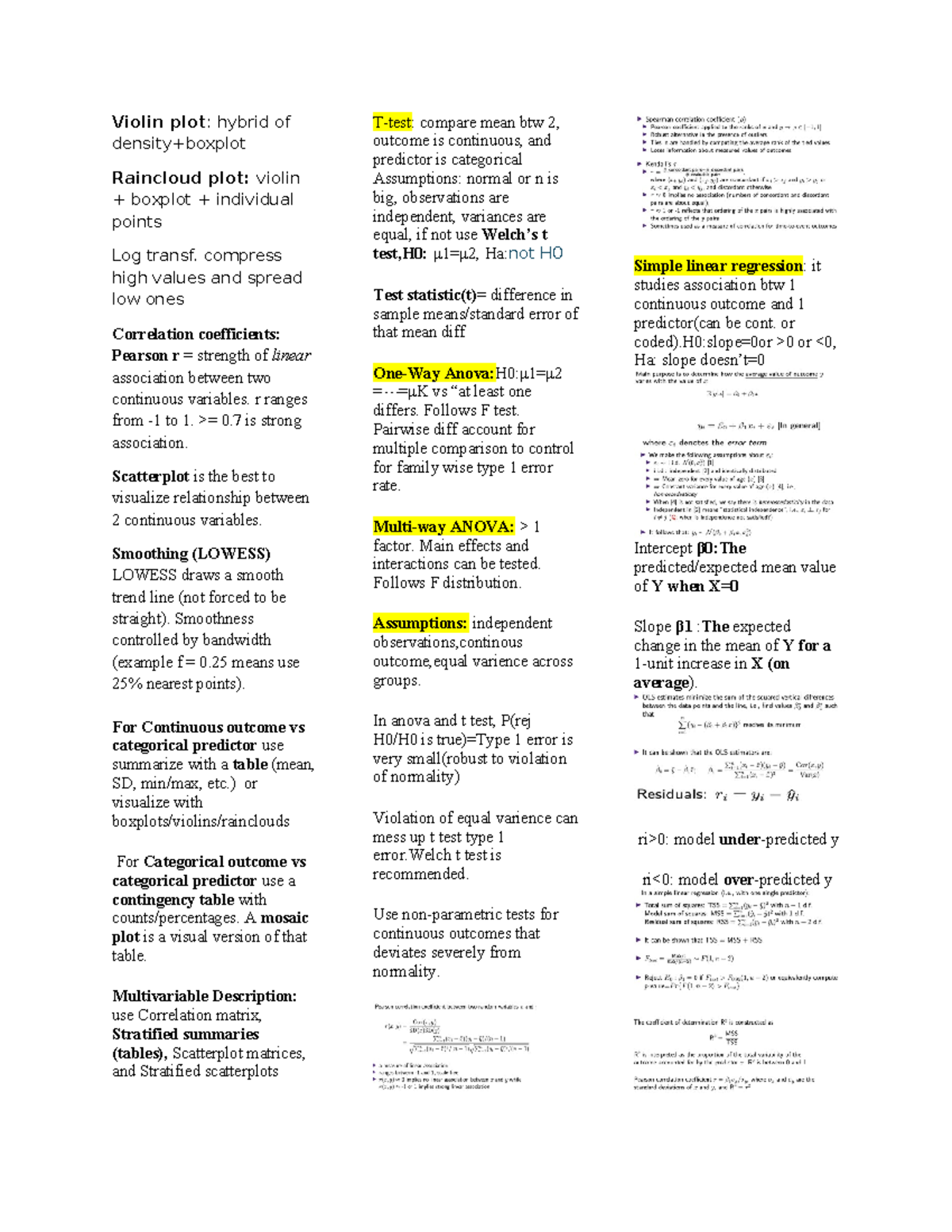 Stats 3110B: Cheat Sheet for Correlation, Regression, and ANOVA - Studocu