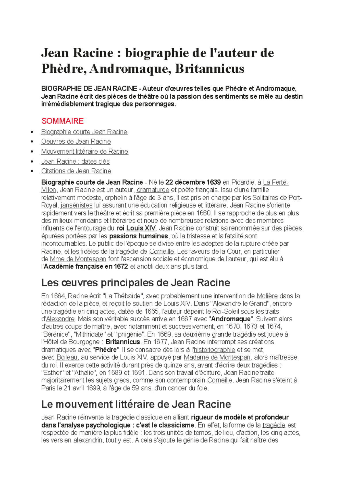 Jean Racine - SOMMAIRE Biographie courte Jean Racine Oeuvres de Jean ...