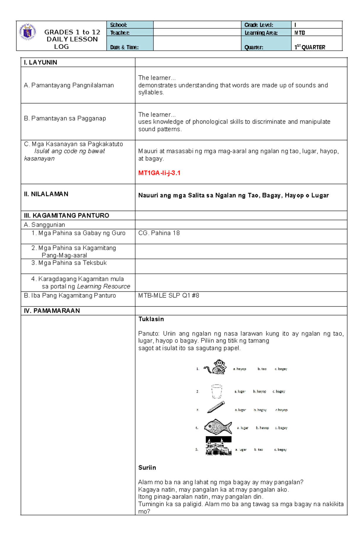 DLP MTB1 - Daily Lesson Log for MTB Grade 1, Quarter 1 - Studocu
