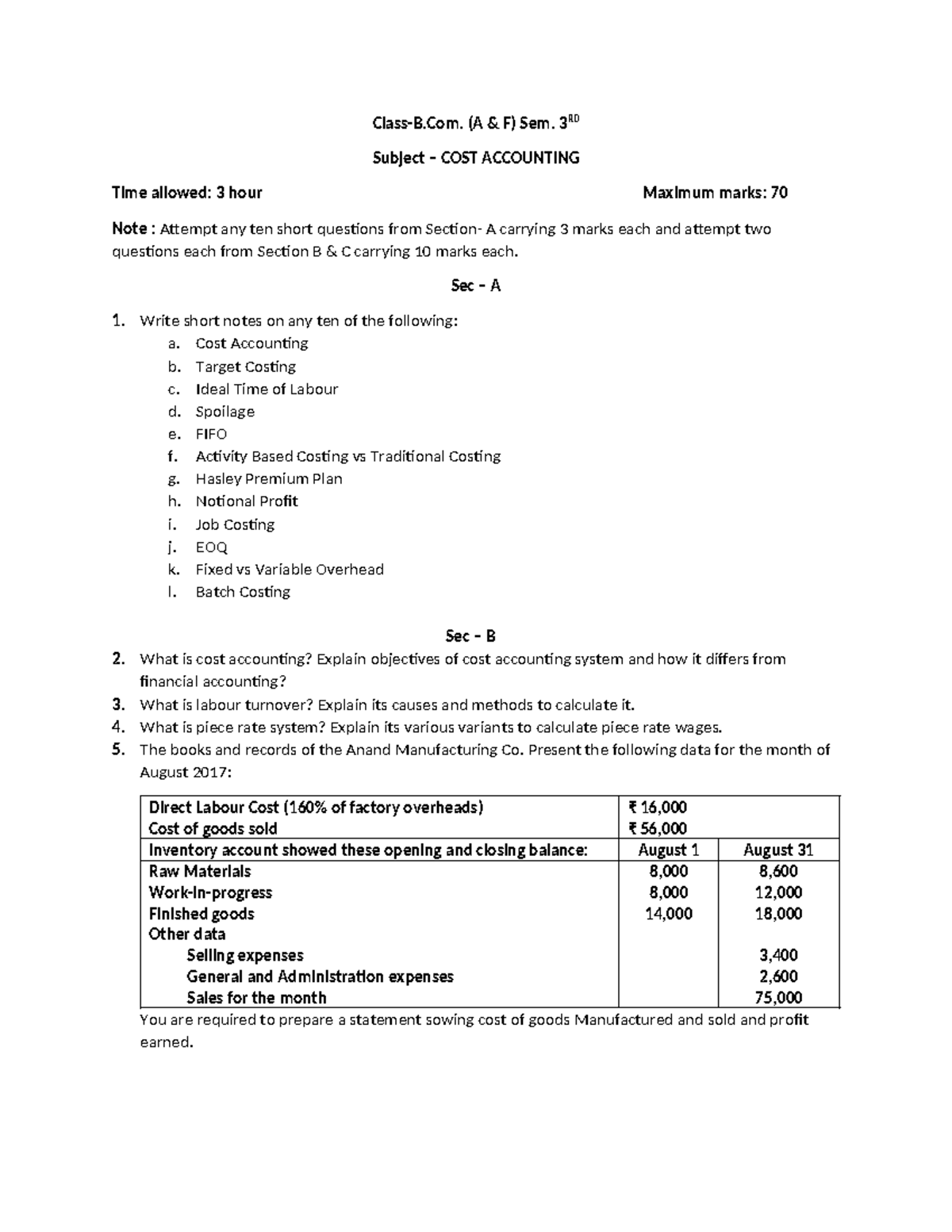 BAF 3RD SEM COST Accounting - Class-B. (A & F) Sem. 3RD Subject – COST ...