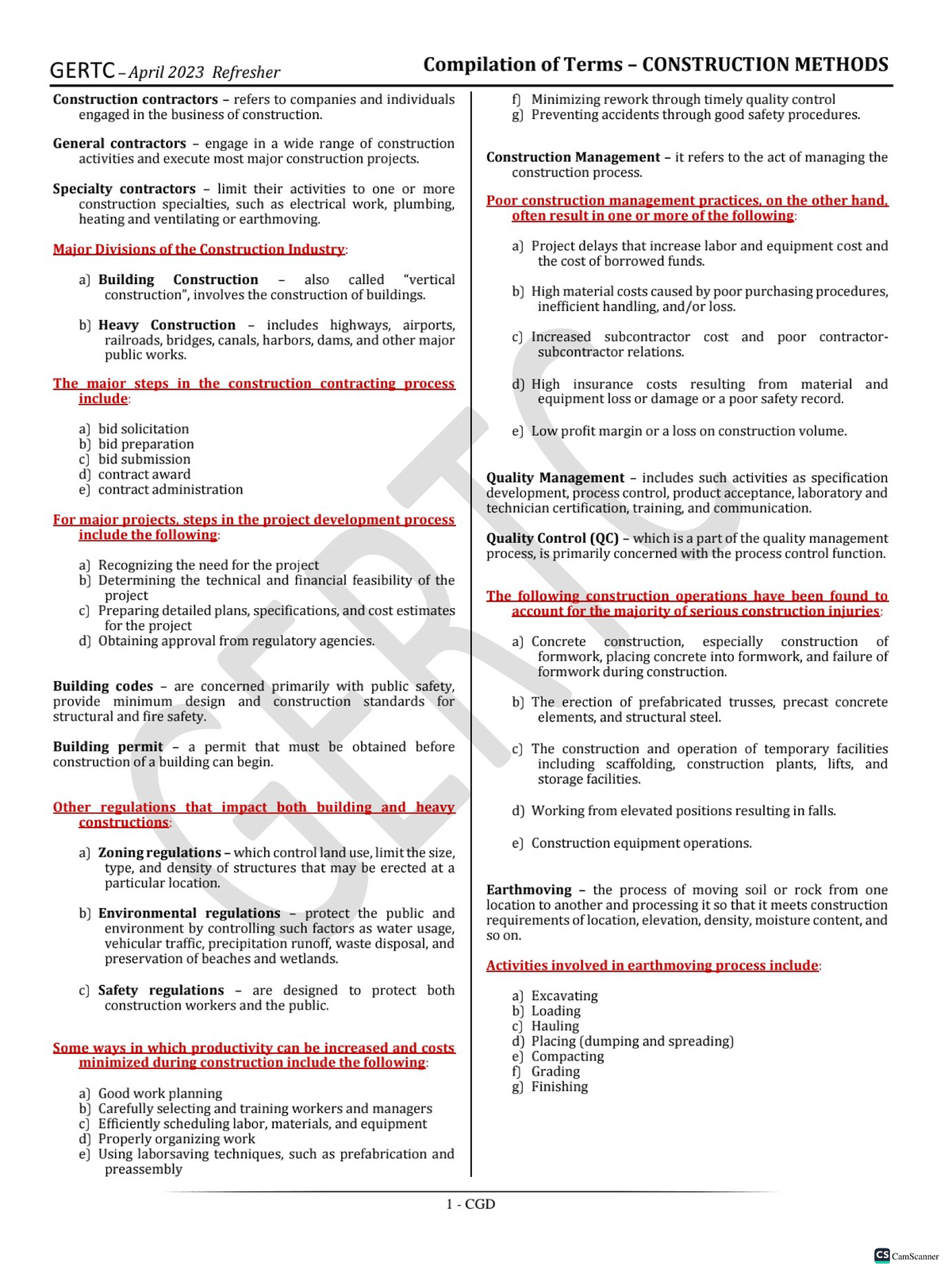 GERTC April 2023 Refresher: Key Terms in Construction Methods - Studocu