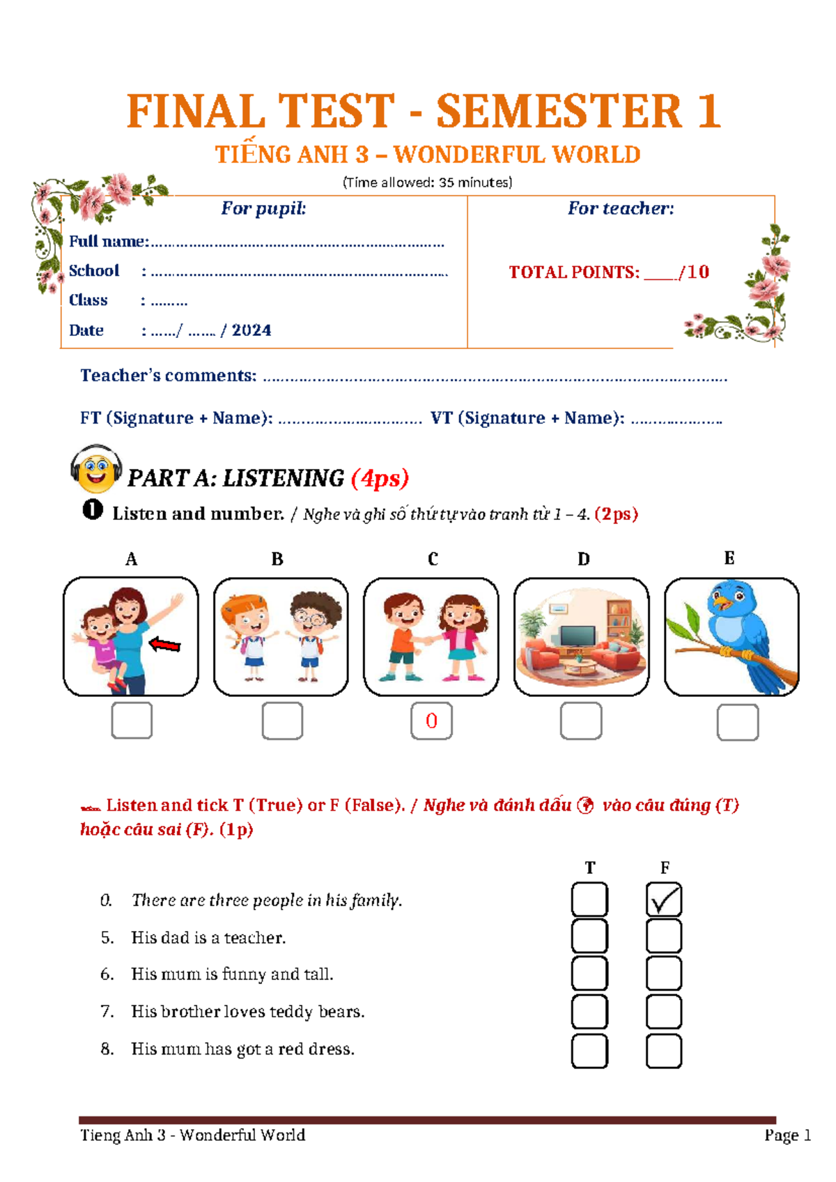FINAL TEST SEMESTER 1 TIẾNG ANH 3 - WONDERFUL WORLD 2024 - Studocu