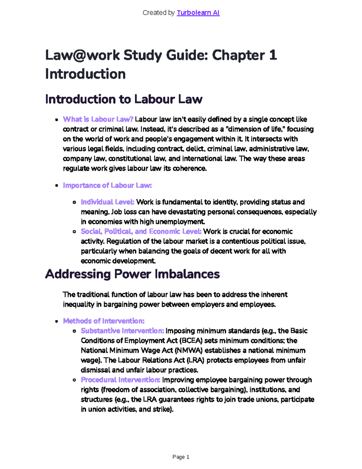 Labour Law Notes - Summary of South African Labour Legislation (Law ...