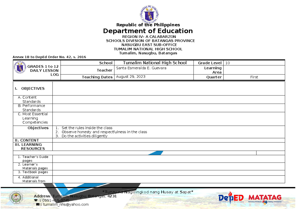 First-Day Activity Plan for Grade 10 Homeroom Guidance (HGP) - Studocu