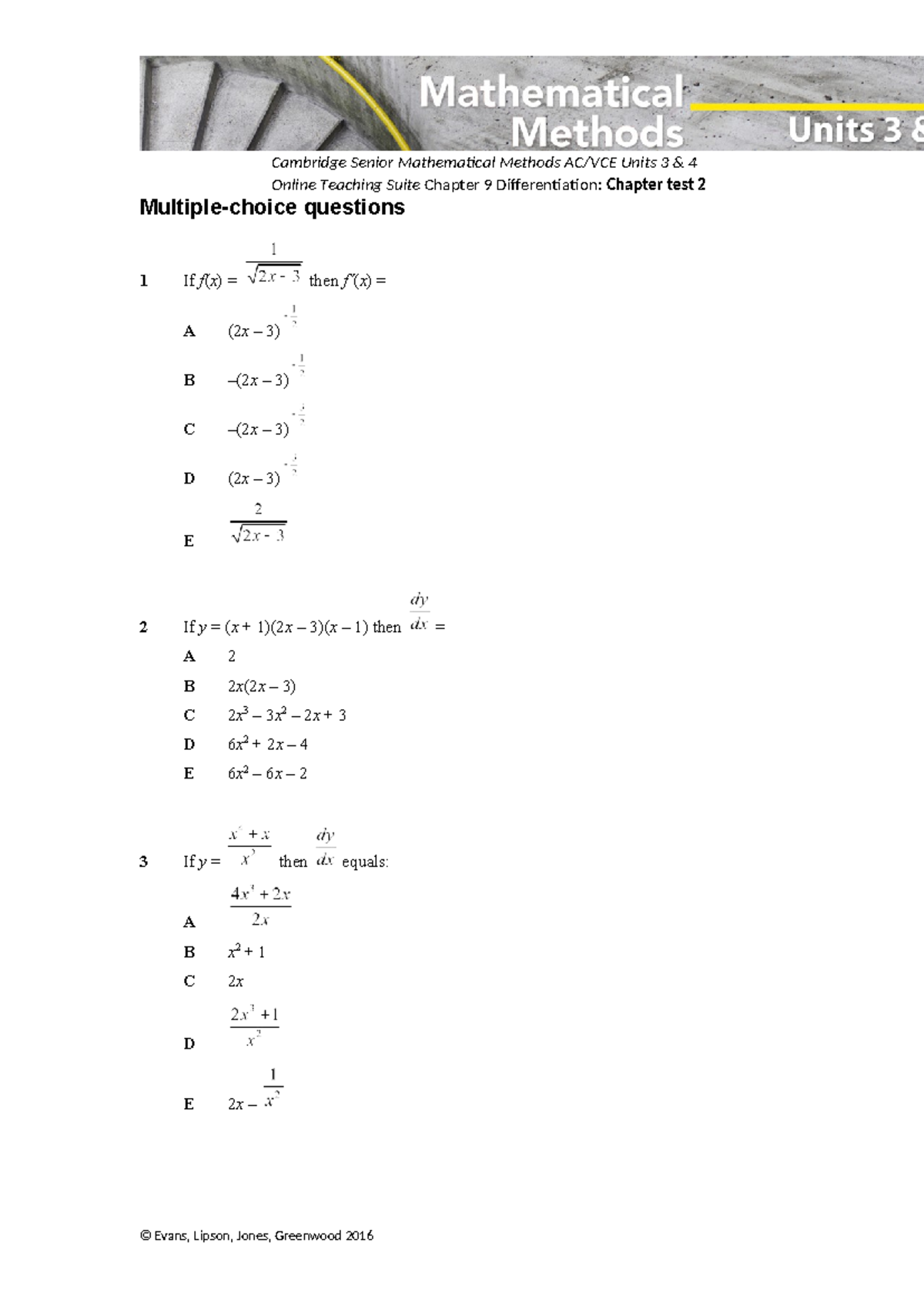 Cambridge Senior Mathematical Methods Units 3 4 Chapter Test 2 Practice ...